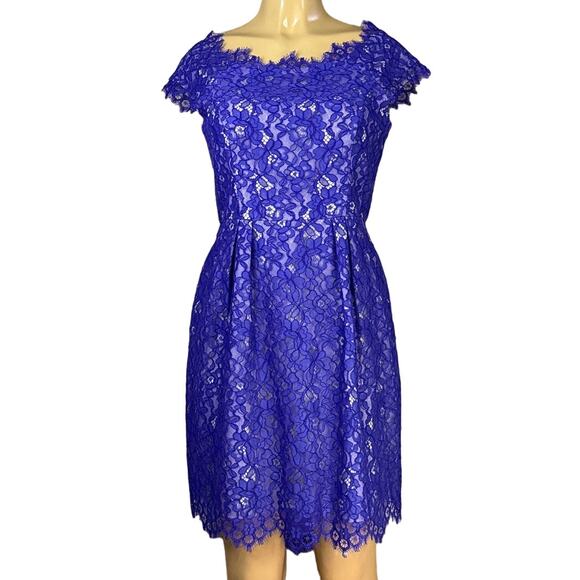 Shoshanna Cecile Blue Eyelash Lace Mini Sheath Dress Cap Sleeve V-Back Size 6 - Picture 1 of 13
